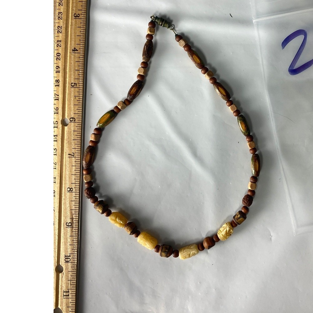 Vintage Wooden Beaded Necklace Brown‎ Tan Green Earthy Boho 18 Inch Barrel Clasp